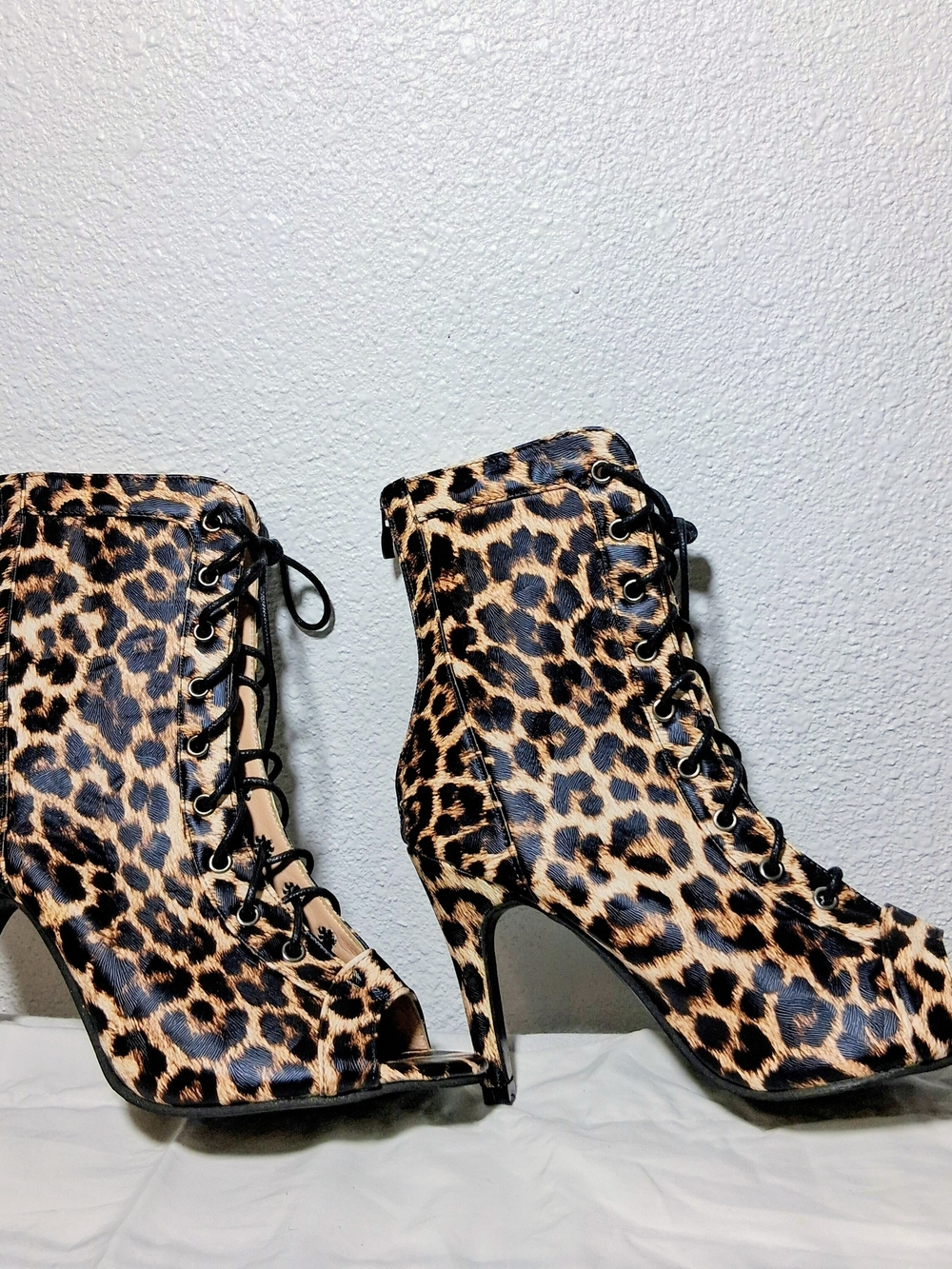 Leopard Print Vinyl Lace-Up Peep Toe Ankle Boots